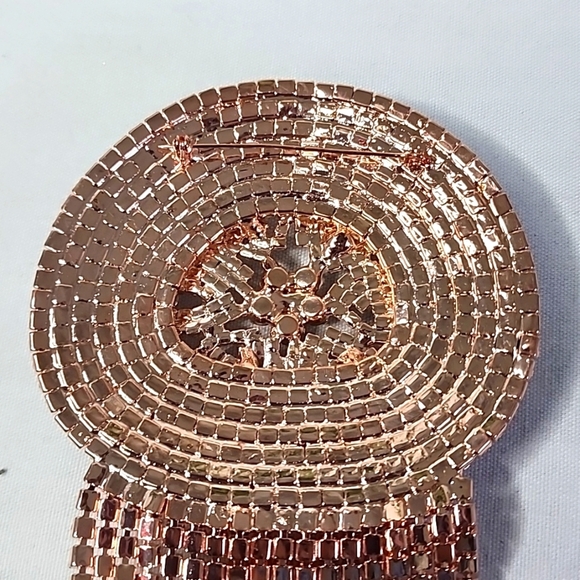 Large Statement Petal Flower Brooch Pin Rose Gold Rhinestone Fringe New - Picture 11 of 13